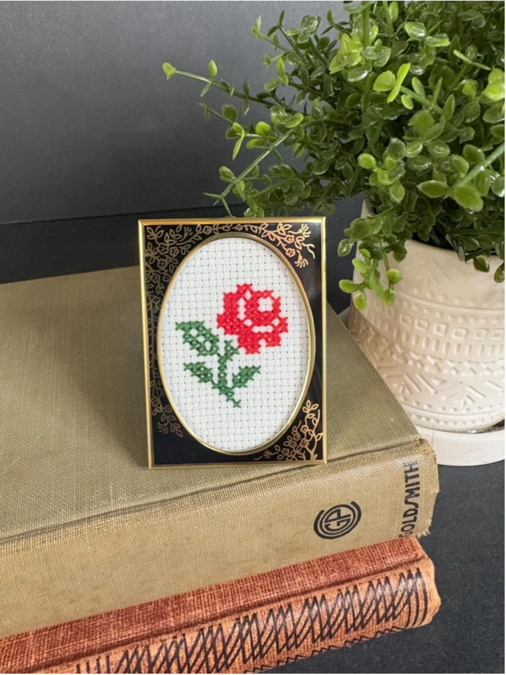 Tiny Mini Framed Cross Stitched Red Rose Trinket Shelf Vintage Style Decor